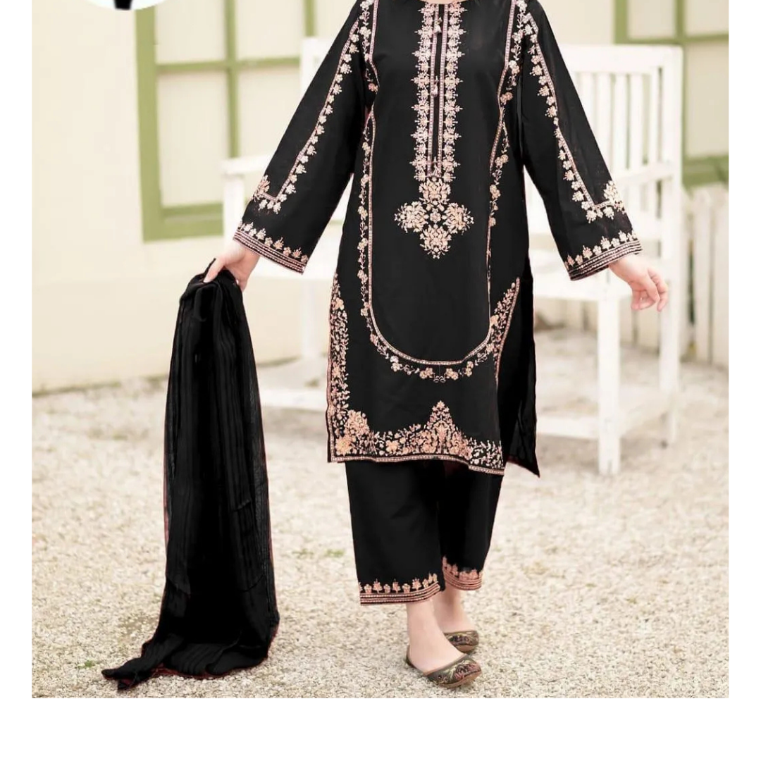 3 Pcs Women's Black Embroidered Shamoz Silk Suit with Chiffon Dupatta