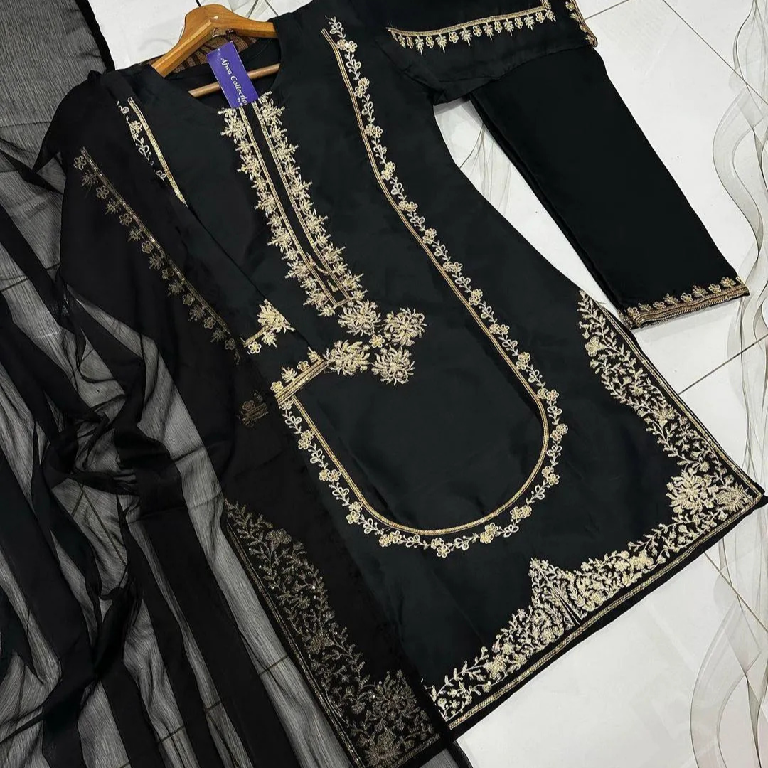 3 Pcs Women's Black Embroidered Shamoz Silk Suit with Chiffon Dupatta