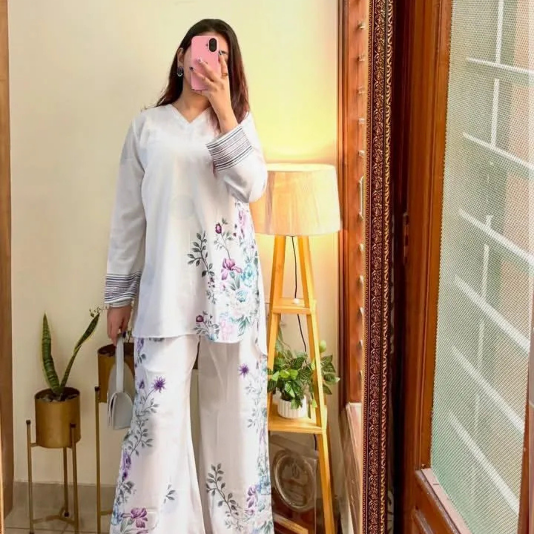 2 Pcs Women's Stitched Swiss Lawn Printed Shirt And Trouser