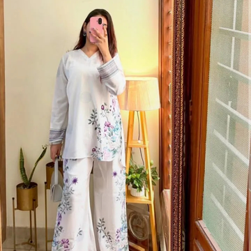2 Pcs Women's Stitched Swiss Lawn Printed Shirt And Trouser