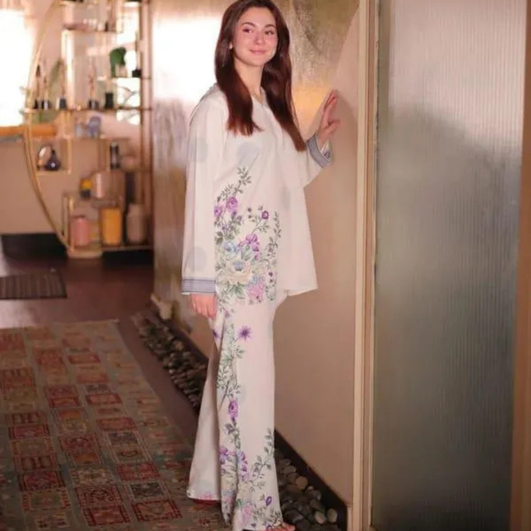 2 Pcs Women's Stitched Swiss Lawn Printed Shirt And Trouser