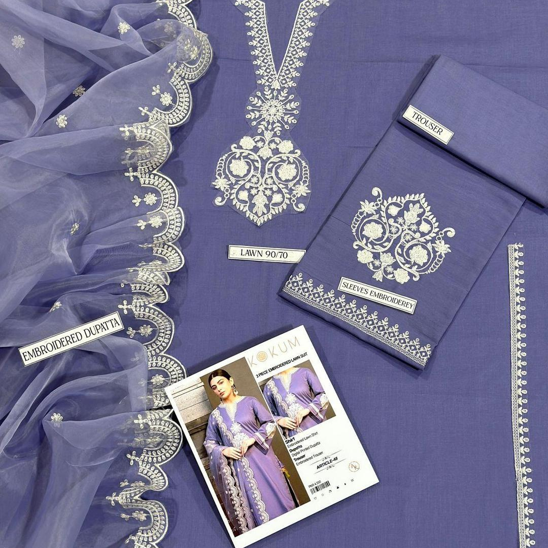 Purple Embroidered 3 Pcs Lawn Suit for Women