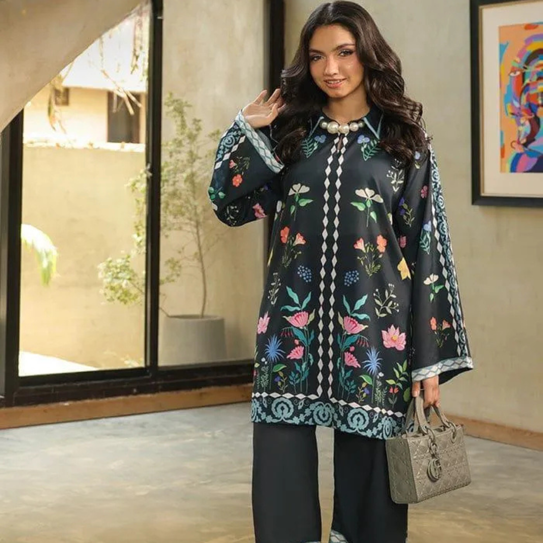 2 Pcs Women's Stitched Swiss Lawn Digital Print Shirt And Trouser