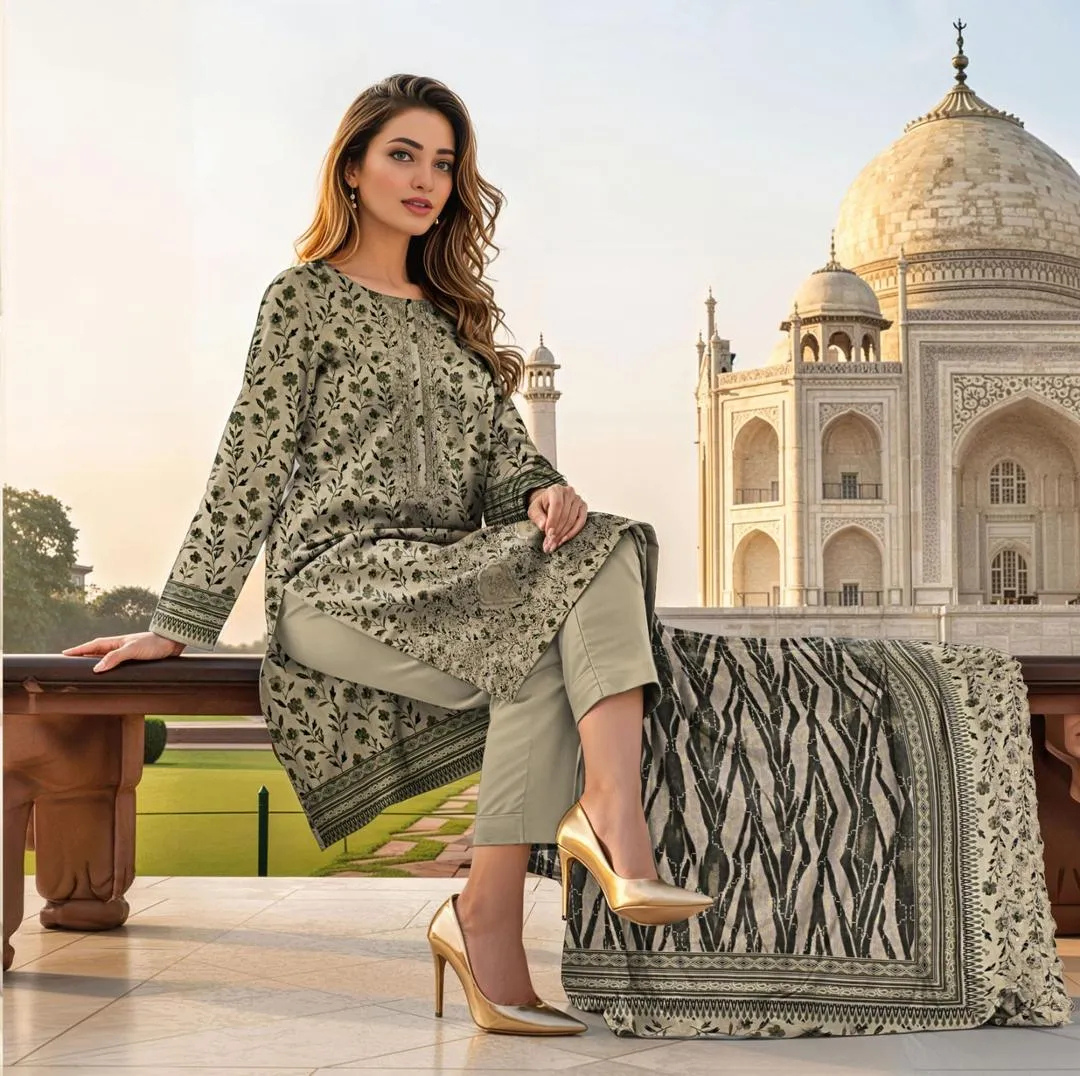 3 Pcs Women Grey Lawn Printed Suit with Embroidery & Cut Work Dupatta