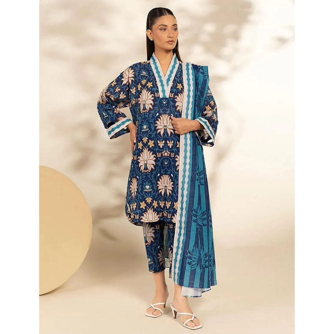 Blue Printed 3 Pcs Women's Unstitched Suit Khaddar Shirt Fabric