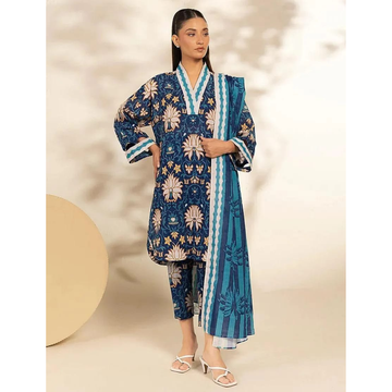 Blue Printed 3 Pcs Women's Unstitched Suit Khaddar Shirt Fabric