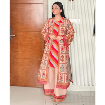 3 Pcs Printed Lawn Gown Suit – Orange Party Wear