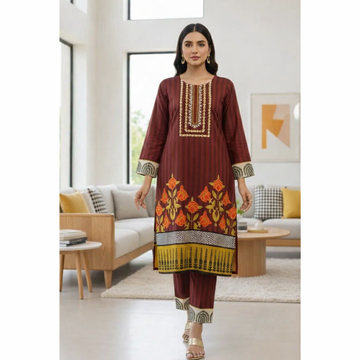2 Pcs Women's Stitched Silky Lawn Printed Shirt & Trouser