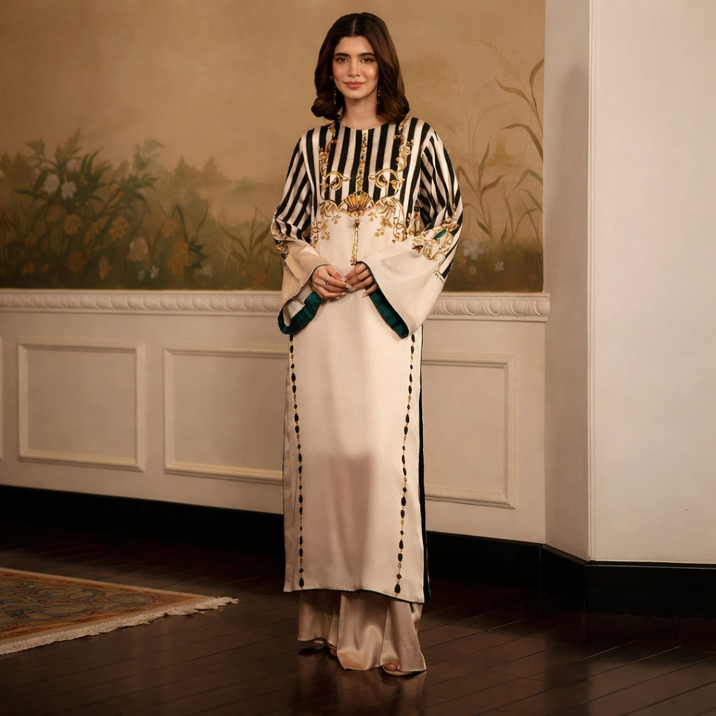 Stunning Women's Swiss Lawn Printed Suit Beige